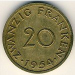 20 франков 1954 г. Саар (18) -322 - аверс