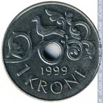 1 крона 1999 г. Норвегия(16) -2020 - реверс