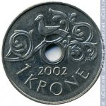 1 крона 2002 г. Норвегия(16) -2020 - реверс