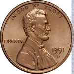 1 цент 1991 г. США(21) - 52935 - аверс